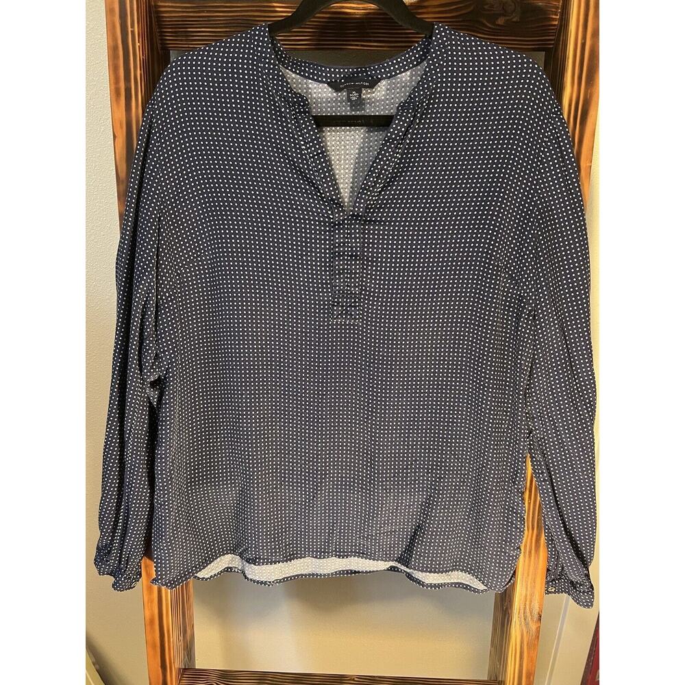 Tommy Hilfiger Women's Size XL Long Sleeve Navy Blue Green Polka Dot Blouse